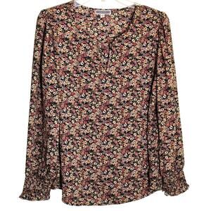 Pleione Floral Blouse Women's Size M Black Ditzy Print Long Sleeve Smocked Tunic